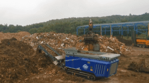 Log stacker operating in dense BC forest during timber harvest