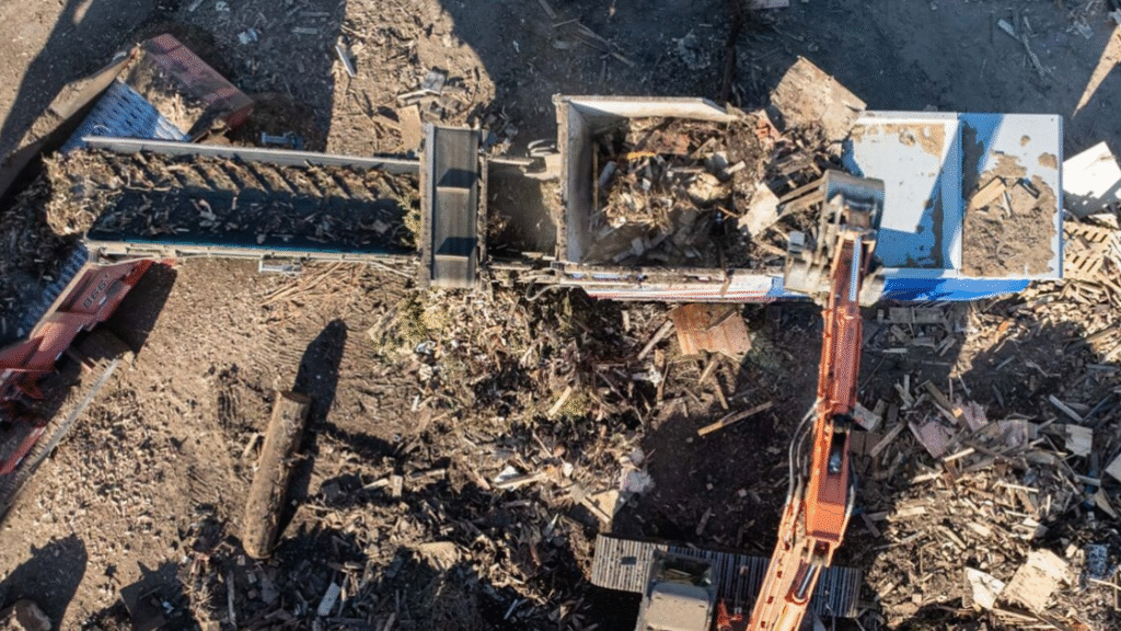 green waste shredder recycling logs, stumps and branches